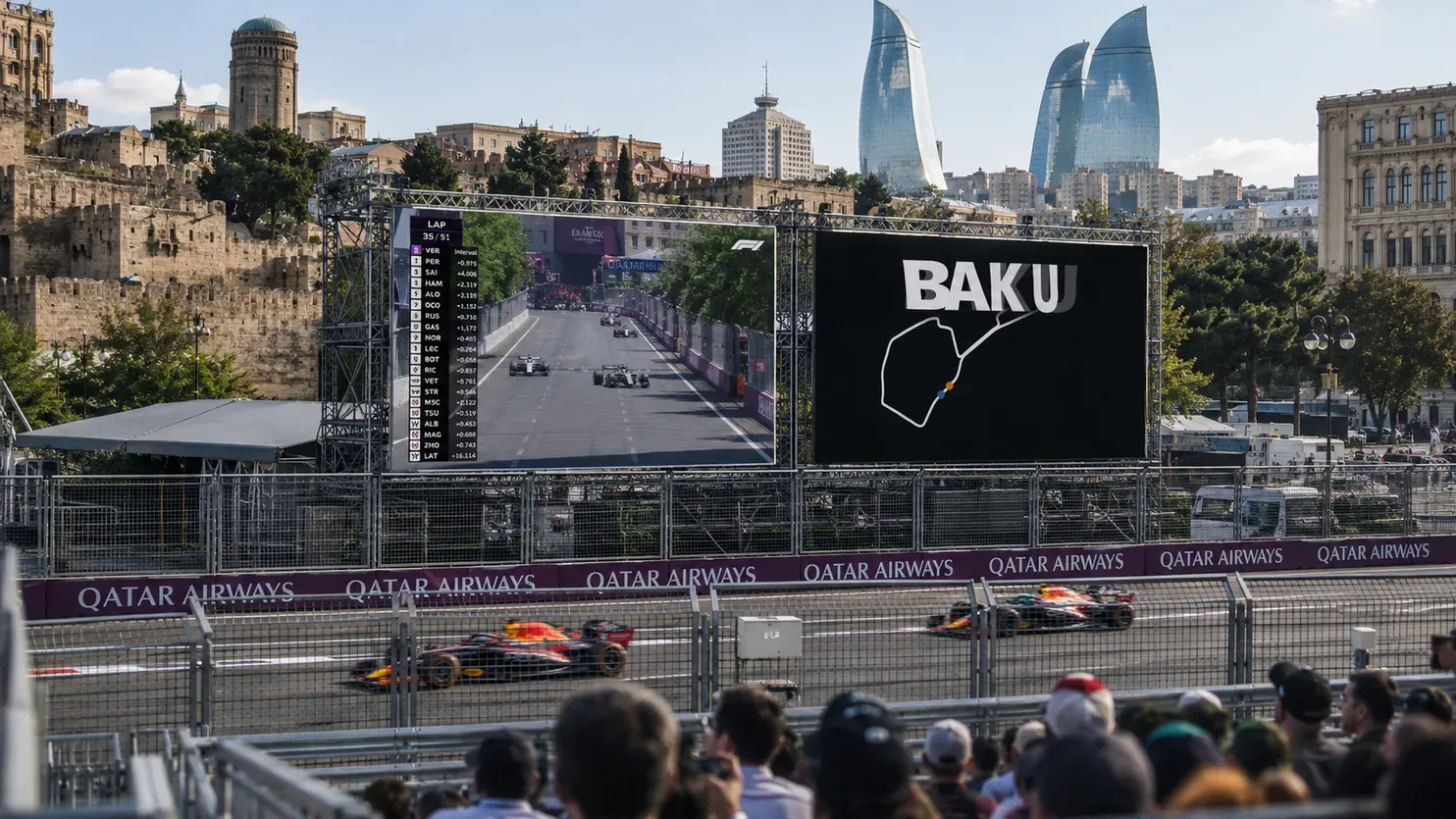 Large-format reactive typography screen at a Formula 1 venue