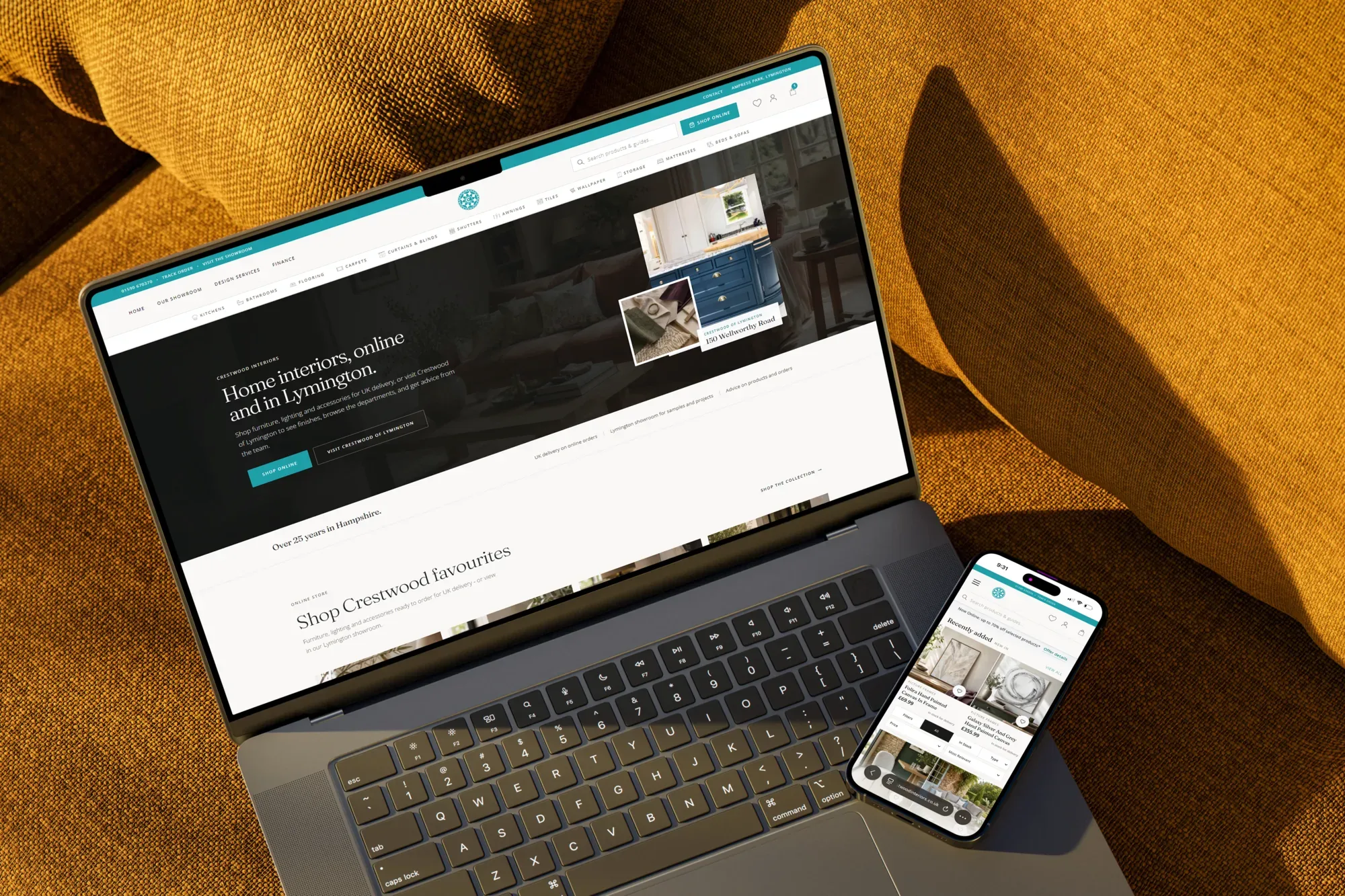 Crestwood Interiors website and shop on laptop and phone